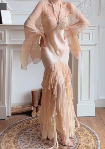 Apricot Vintage Mermaid Halter Beaded Layered Chiffon Satin Party Dress Prom Dress HZ1023